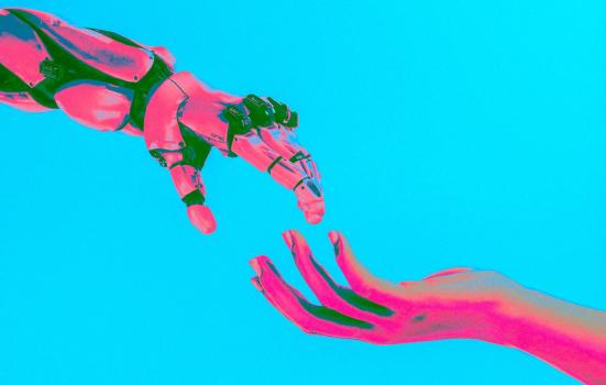 Graphic of human hand and robot hand reaching to touch each other