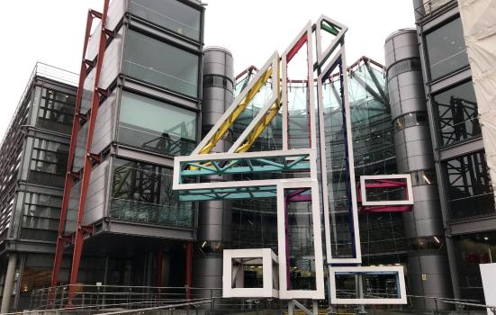 Exterior of Channel 4 studios in London, showing Channel 4 logo