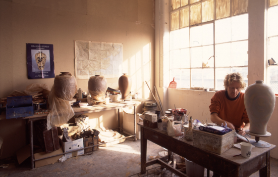 Artist Grayson Perry, a former ACME tenant, in his studio at Carpenters Road 1994-5.