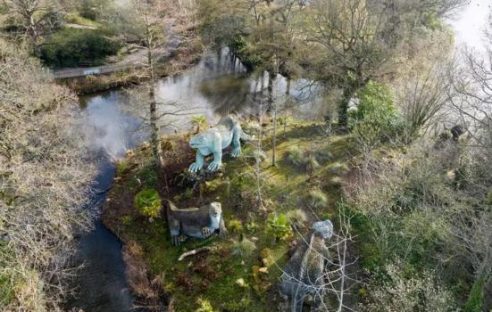 An aerial view of Crystal Palace Park showing the dinosaur sculptures