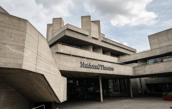 Low-angle view of the main entrance to the Royal National Theatre in London