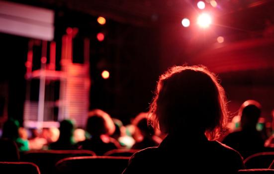 Silhouette of an audience member watching a piece of theatre