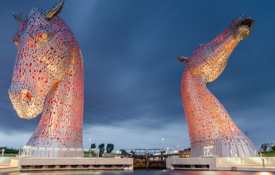 image of the Kelpies structure of two giant iron horses located near Falkirk, Scotland