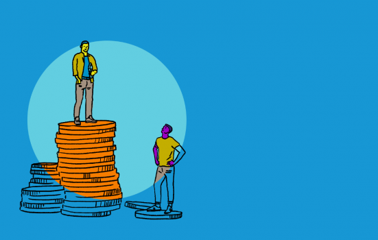 Illustration of a person standing on top of coins looking at another person