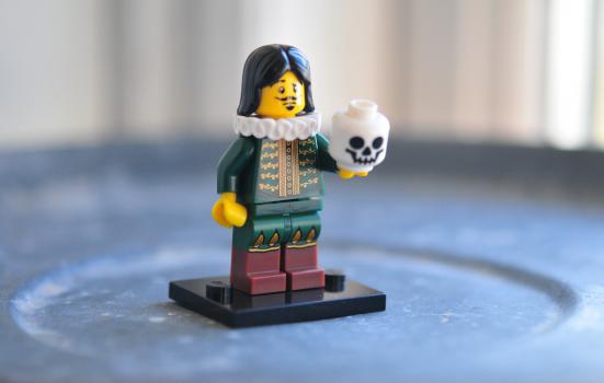 Photo of a Lego man performing Hamlet