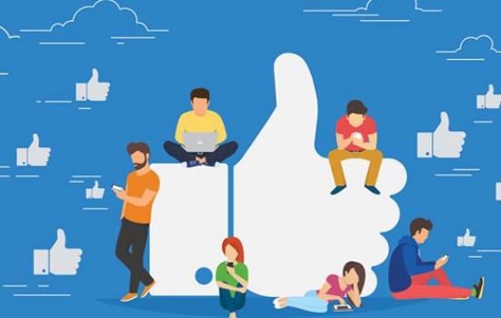 Cartoon of Facebook's thumbs up and young people