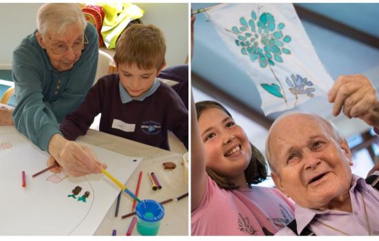 Photos of children making art with older people