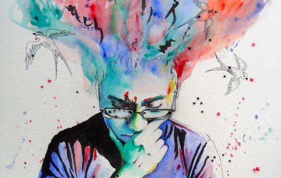 Illustration of thinking man with colours swirling from his head