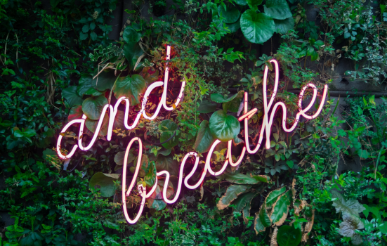 neon sign reading 'and breathe'