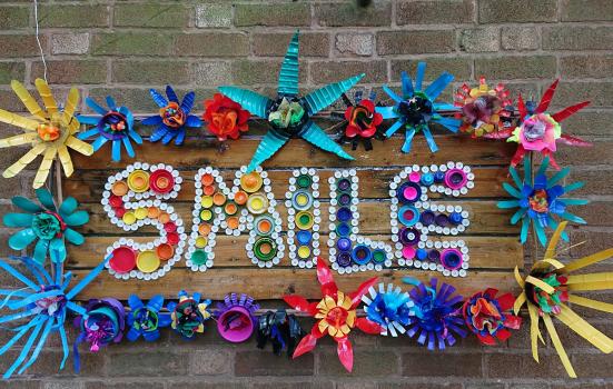 A "Smile" sign made using crafts by students