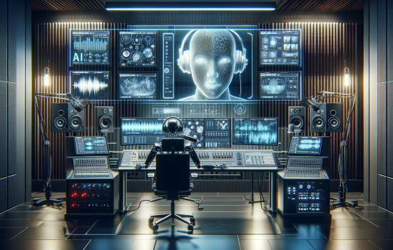 Sophisticated AI voice actor’s recording studio. Image created on DALL·E 2023.