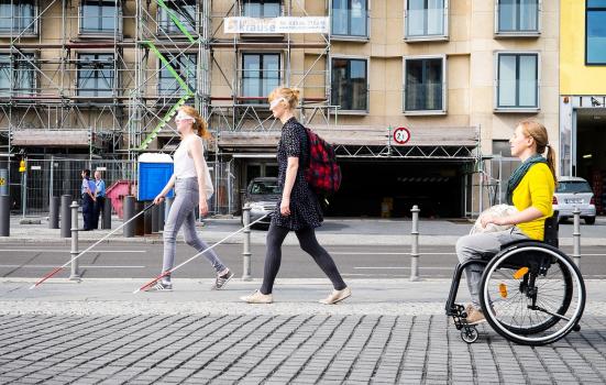 Photo of woman in wheelchair and two people with sticks