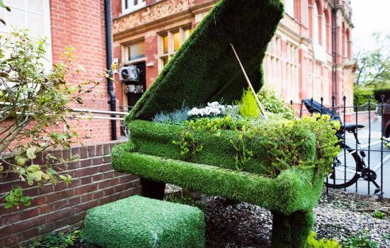 Photo of a grand piano as a garden feature, covered in plants.