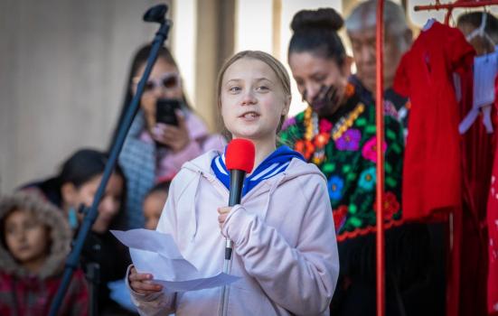 Greta Thunberg addresses climate strikers at Civic Center Park in Denver