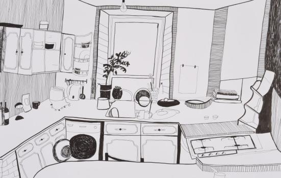 hand drawn image of a kitchen