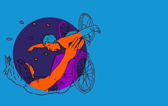 A graphic showing two wheelchair users dancing