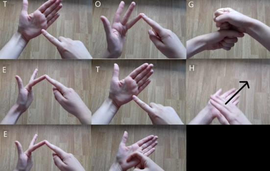 Hands showing how to make the word 'together' in Makaton