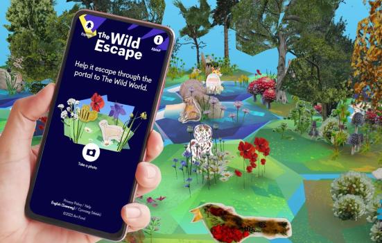 Mobile phone showing The Wild Escape app photographing wildlife