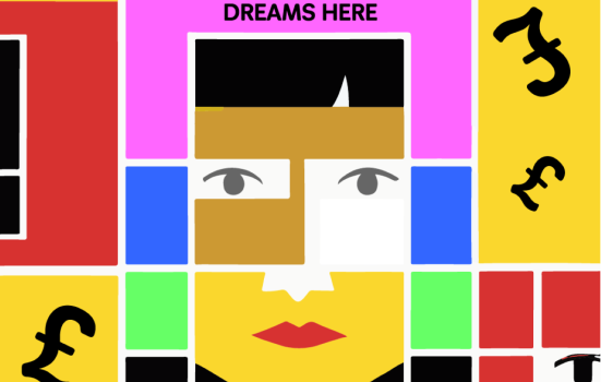 Graphic of a face with 'Dreams Here' written above