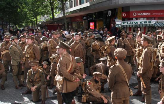 A photo of a group of people dressed as WW1 soldiers in Birmingham