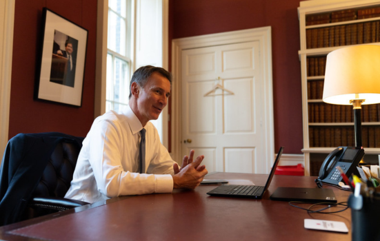 Chancellor Jeremy Hunt speaks to Prime Minister Rishi Sunak ahead of Autumn Statement in his office in No11
