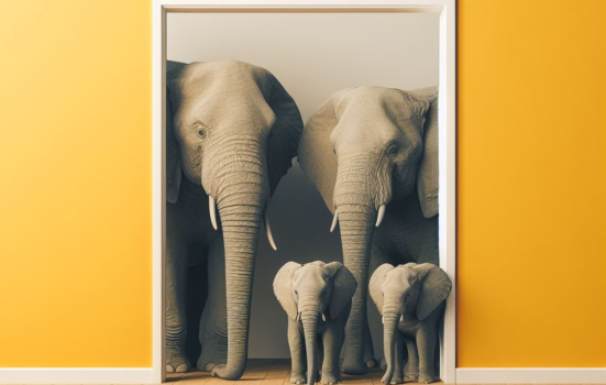 4 elephants coming through a doorway. Image generated with AI