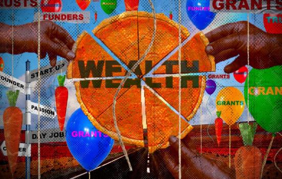 Graphic of a pie with the word 'wealth' written on it, divided into unequal slices