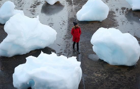 A woman surrounded by blocks of ice