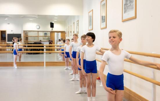 Child dancers standing in line holding a barre