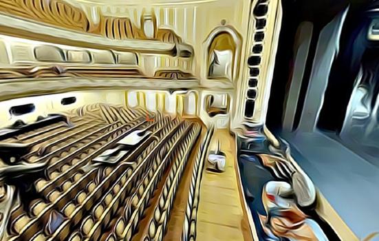 A digital rendition of a theatre in a surrealist style