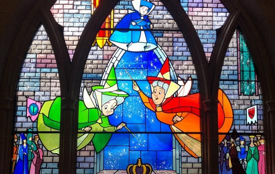 Stained Glass window depicting Sleeping Beauty's Fairy godmothers