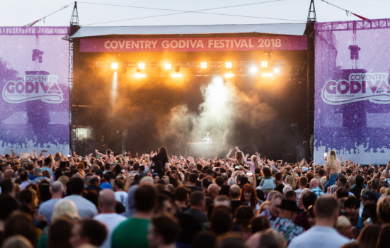 A crowd watching the stage at the Godiva Festival 2018
