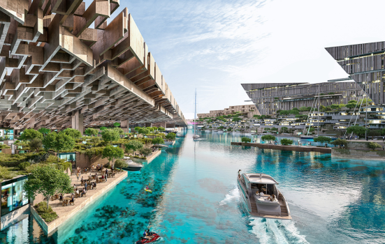 A CGI of Jamur marina with waterfront properties