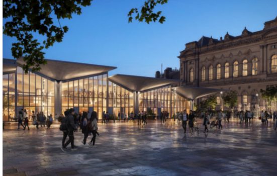 CGI image of the Our Cultural Heart plans showing the new food hall and public square