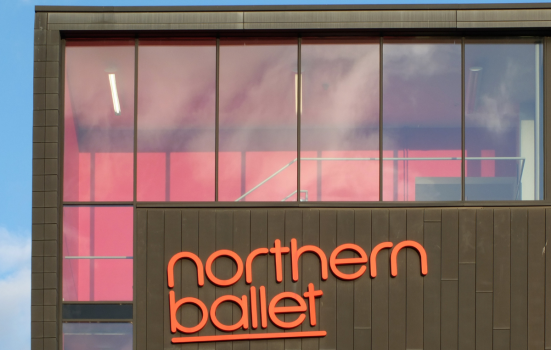Sign on the front of the Northern Ballet company headquarters building in Quarry Hill, Leeds
