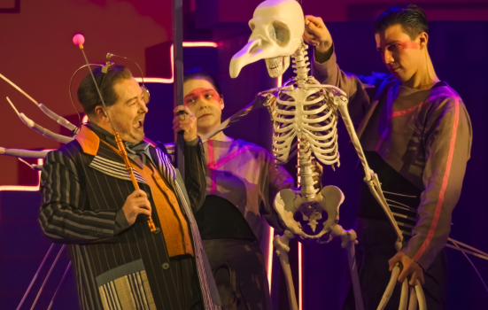 Performance of Welsh National Opera's The Magic Flute. three actors are on stage surrounding a skeleton