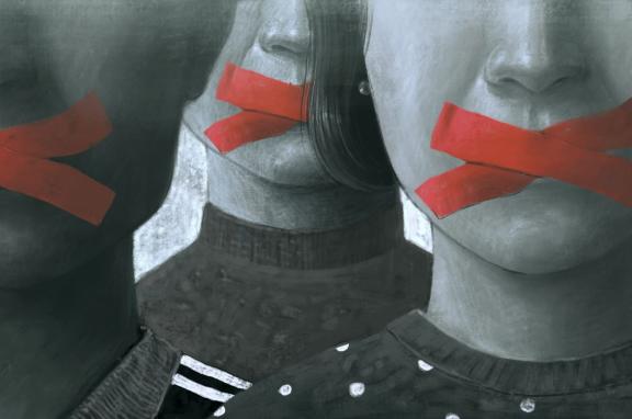 Image of three faces with mouths taped closed