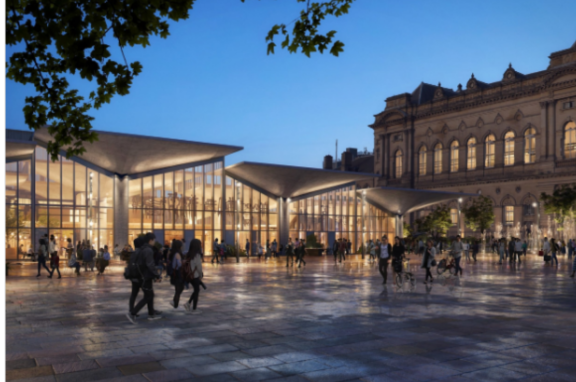 CGI image of the Our Cultural Heart plans showing the new food hall and public square
